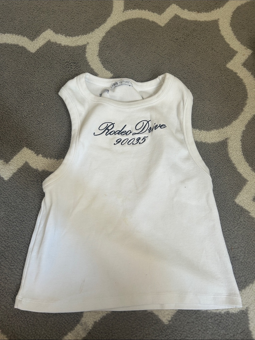 Zara White Ribbed Tank Top with Navy 'Rodeo Drive 90035' Embroidery